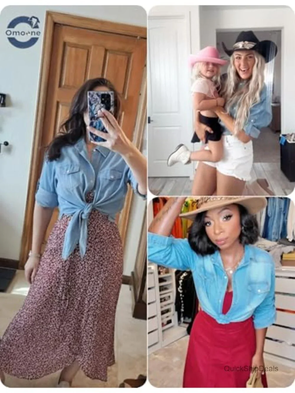 Chambray Crop Tie Front Cardigan 3/4 Sleeve Snap Button Denim Shirt